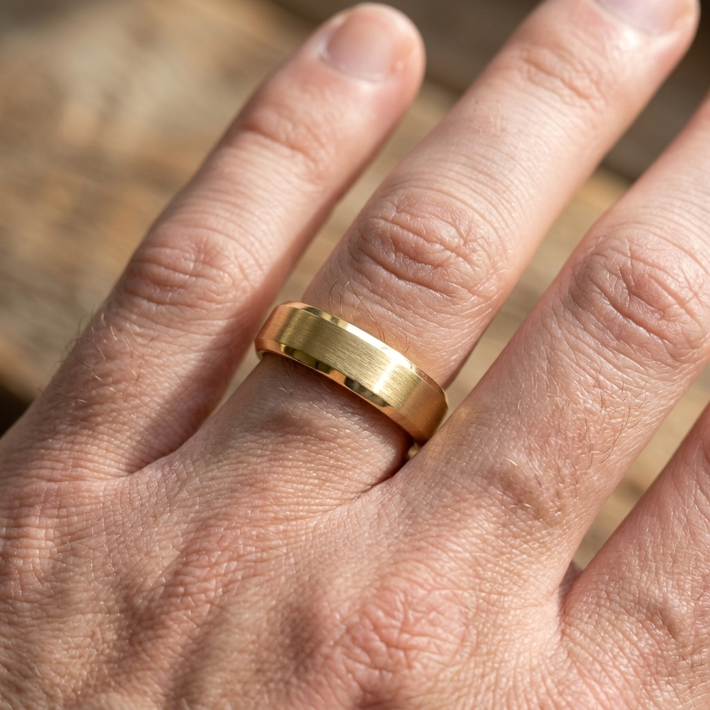 Lifestyle view of a man wearing a yellow gold brushed wedding band with beveled edges on his finger.