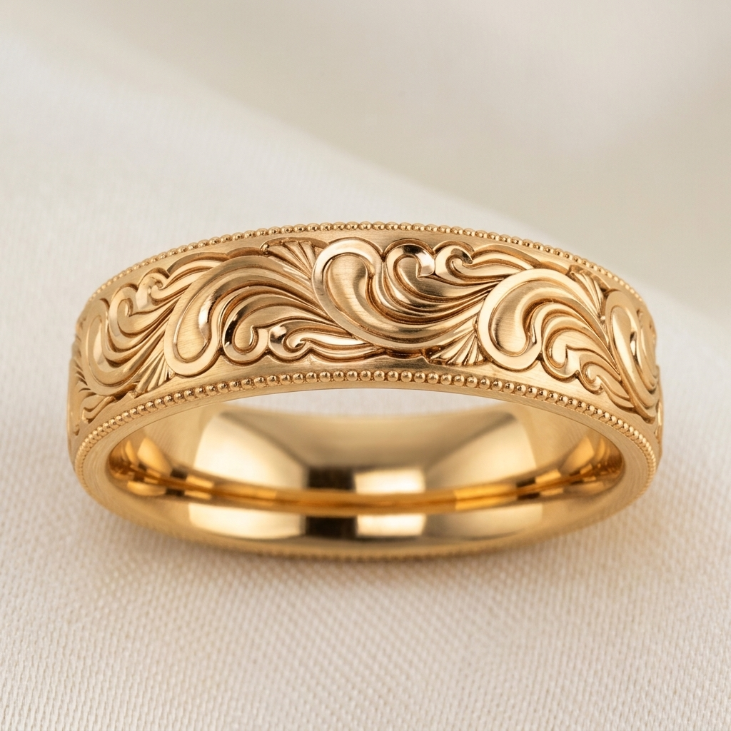 Front studio view of a men's yellow gold vintage engraved ring with filigree detail.