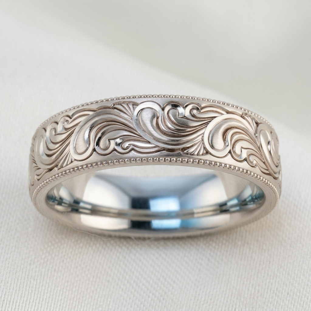 Front shot of a men's white gold wedding ring with detailed scrollwork and milgrain edges