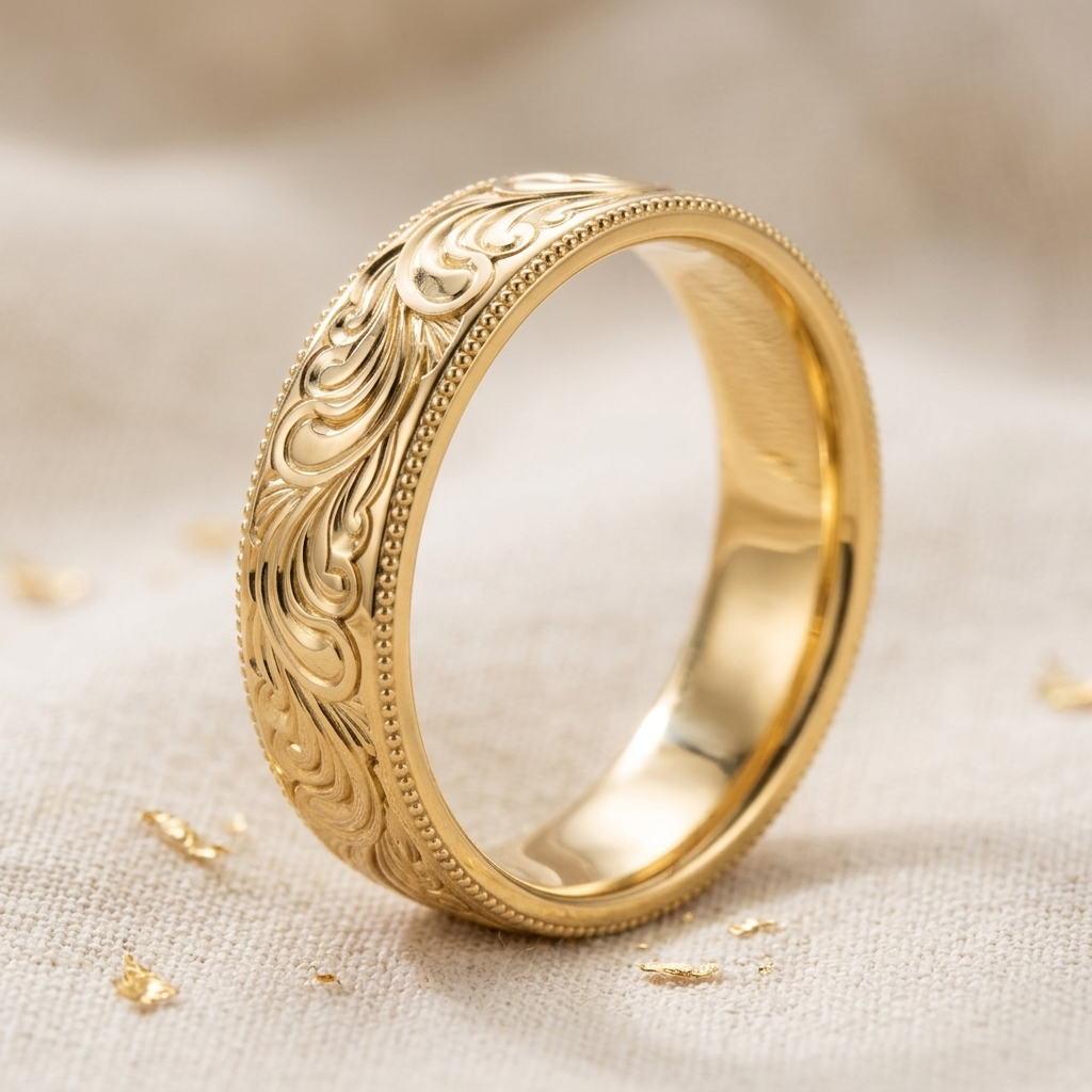Angled view showing the smooth polished interior and engraved exterior of a yellow gold band