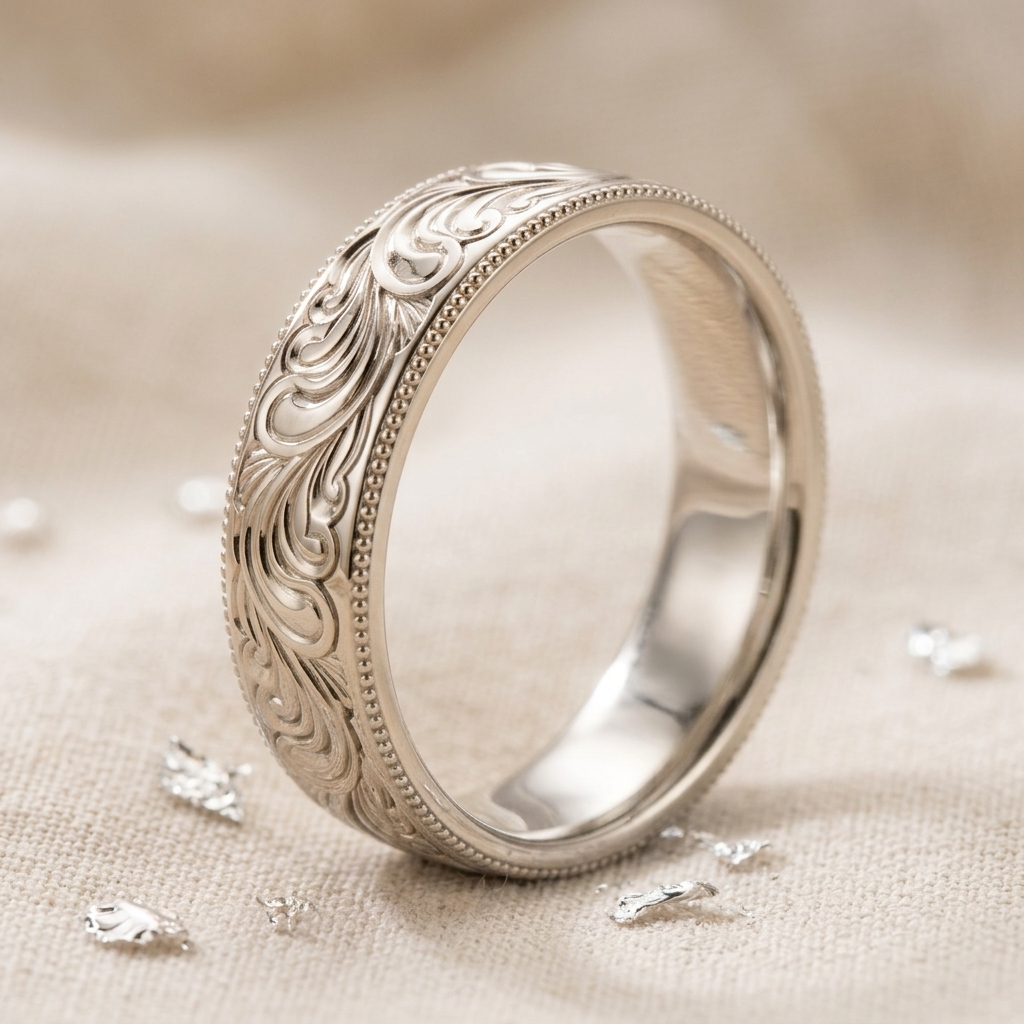 Detailed studio shot of a men's white gold engraved wedding ring showing inner polished finish.