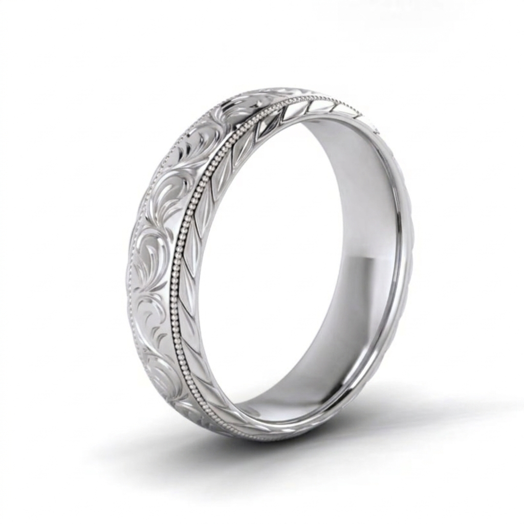 Angled 3/4 view of a men's white gold engraved scrollwork wedding band with leaf chevron edges.