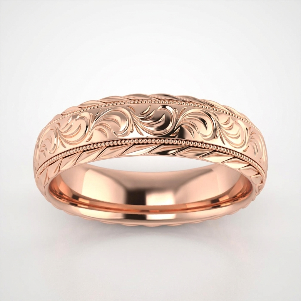 Front studio view of a men's rose gold vintage engraved scrollwork wedding band with milgrain detail.