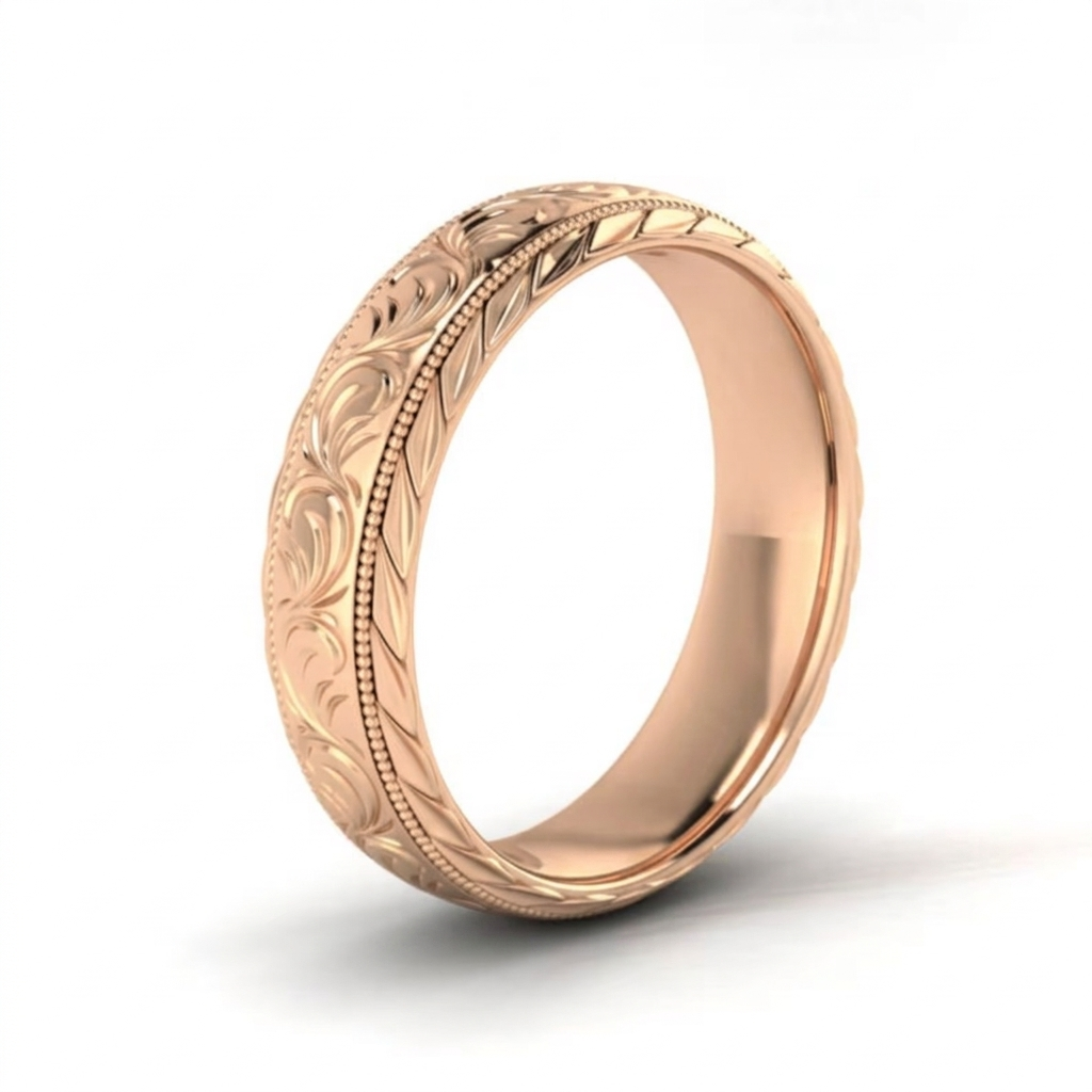 Angled shot of a men's rose gold scrollwork ring showing leaf chevron pattern border.