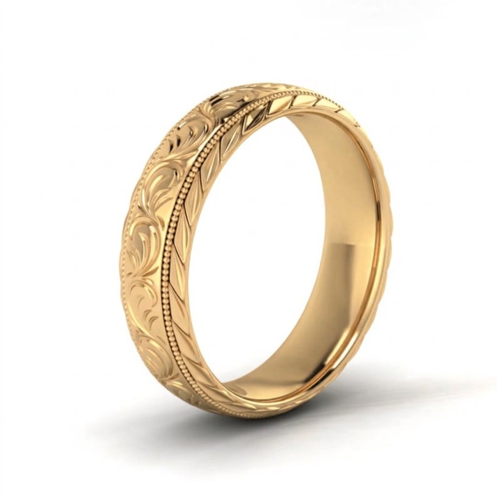 Angled 3/4 view of a men's yellow gold engraved floral scrollwork wedding band