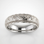 Front view of a men's white gold scrollwork ring featuring leaf pattern edges and milgrain borders