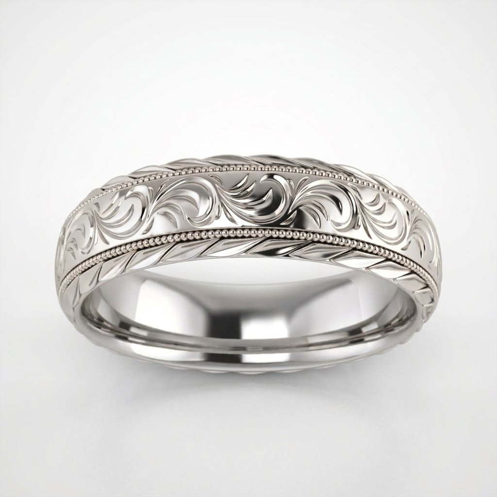 Front view of a men's white gold scrollwork ring featuring leaf pattern edges and milgrain borders