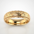 Front studio shot of a men's yellow gold vintage scrollwork wedding ring with polished interior.