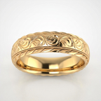 Front studio shot of a men's yellow gold vintage scrollwork wedding ring with polished interior.