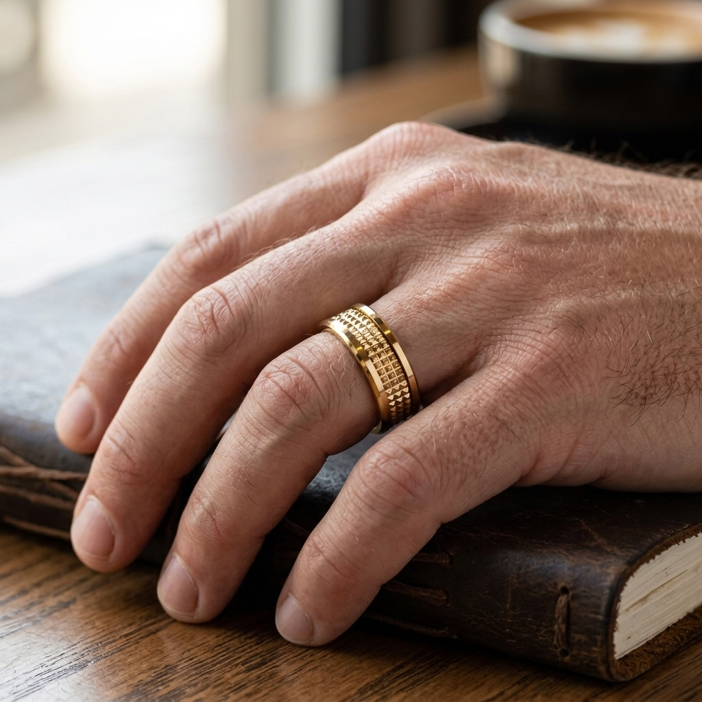 Lifestyle photo of a man wearing a yellow gold pyramid stud textured wedding band resting on a leather book