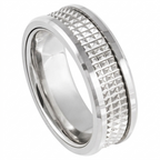 Studio side profile shot of a men's white gold pyramid stud textured wedding ring with polished beveled edges
