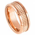 Angled view of a men's rose gold ring featuring multi-row studded pyramid texture and beveled borders.
