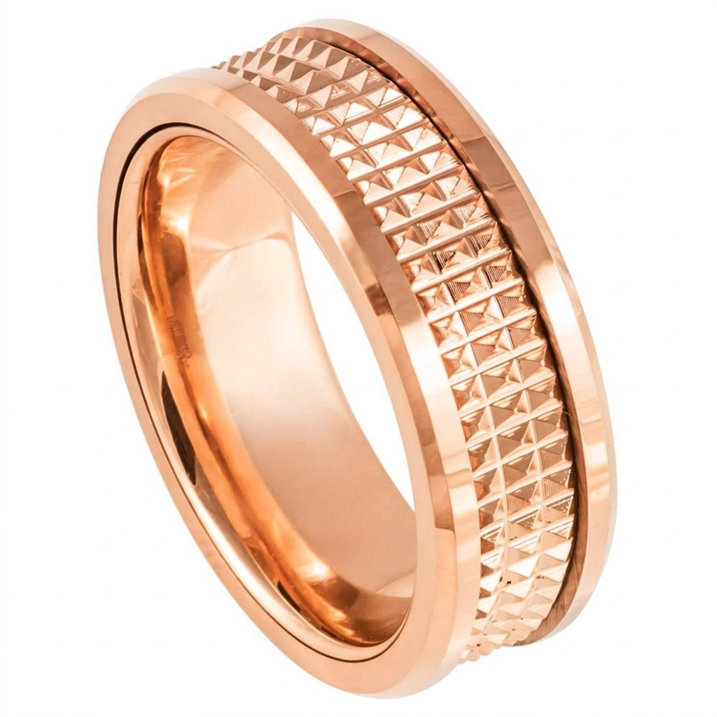 Angled view of a men's rose gold ring featuring multi-row studded pyramid texture and beveled borders.