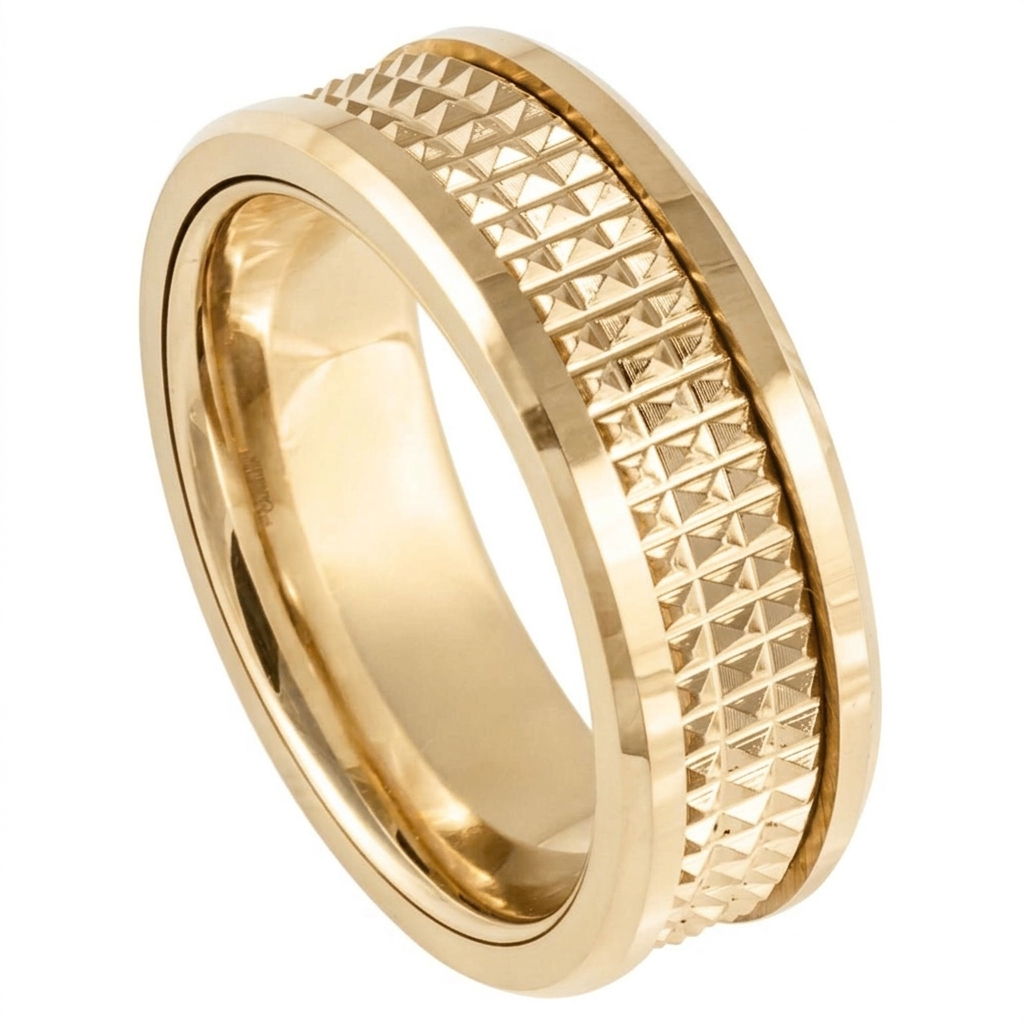 Angled studio view of a men's yellow gold wedding band with grid pyramid studs and smooth inner finish