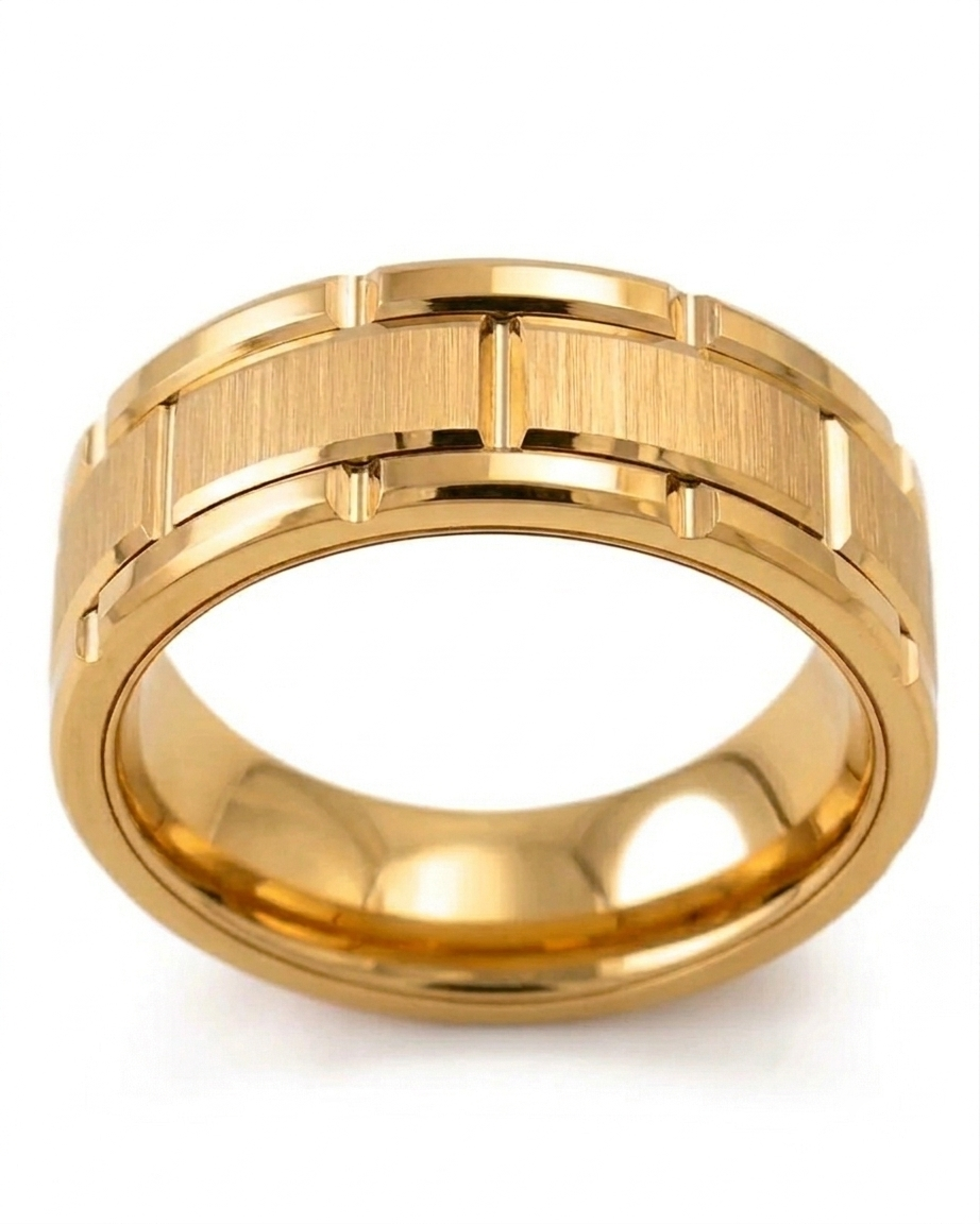 Front view of a men's yellow gold wedding band with a brushed segmented block pattern and notched edges.