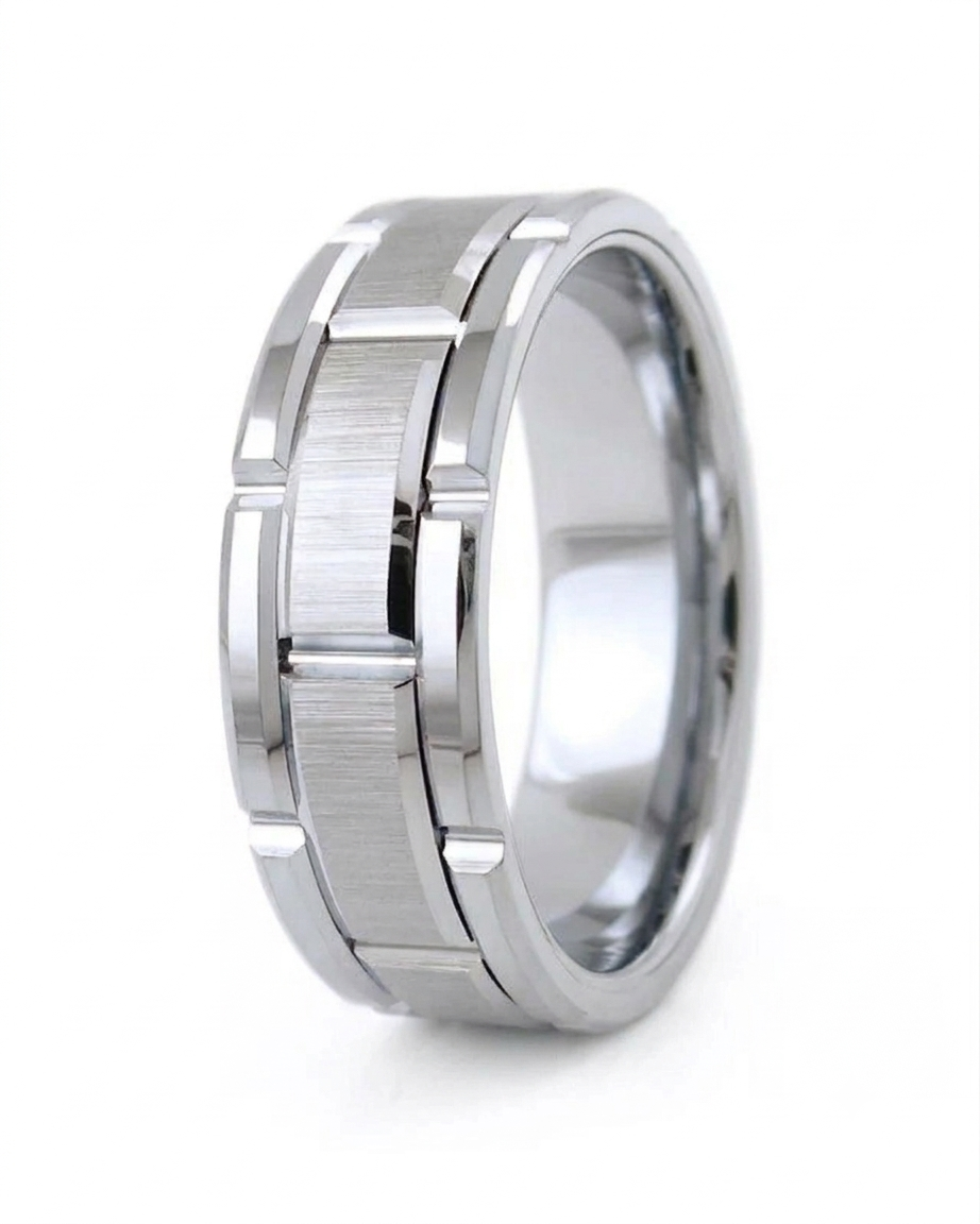 Angled side view of a men's white gold ring featuring a satin segmented inset and polished notched borders