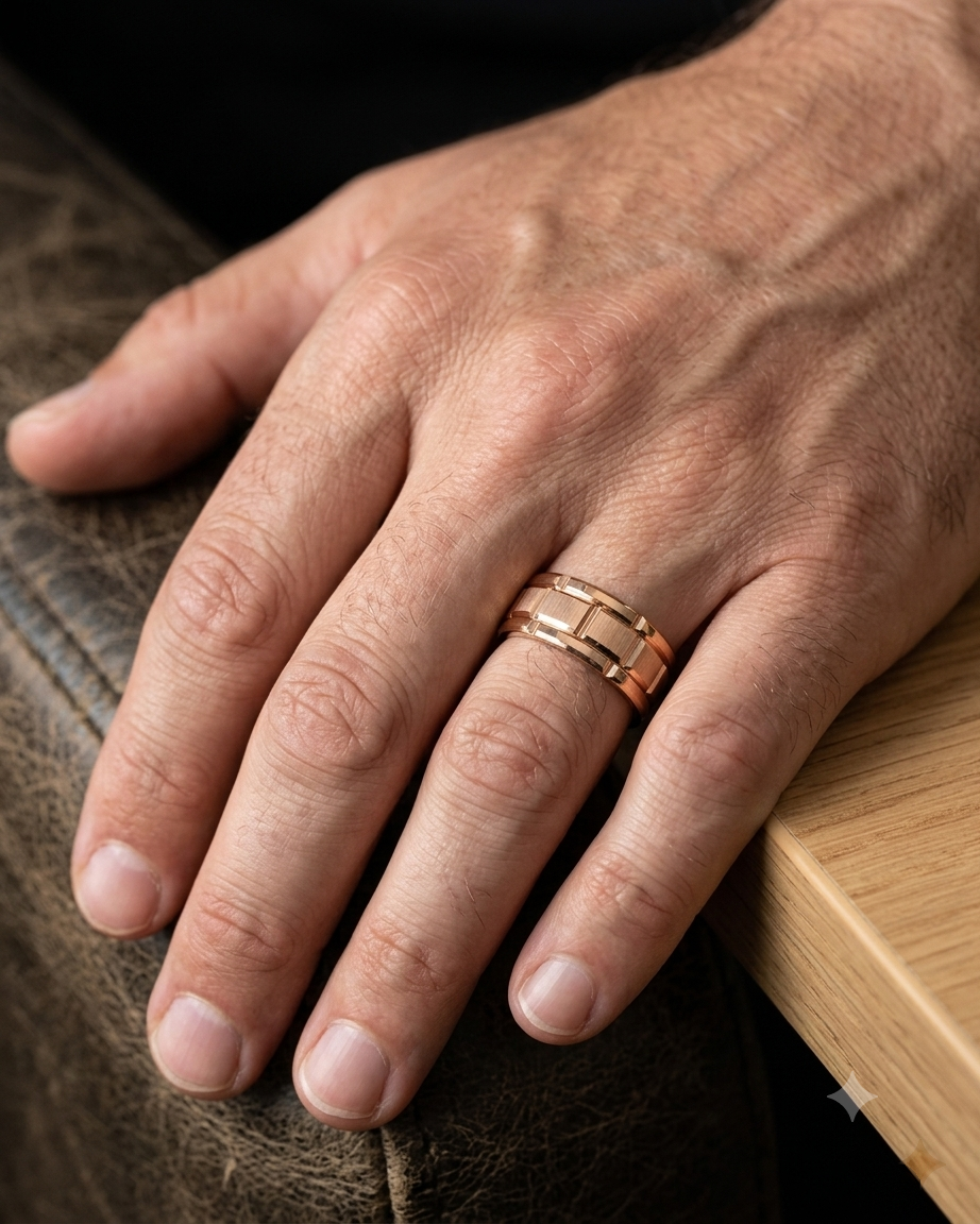 Lifestyle photo of a man's hand wearing a rose gold segmented block brushed wedding band