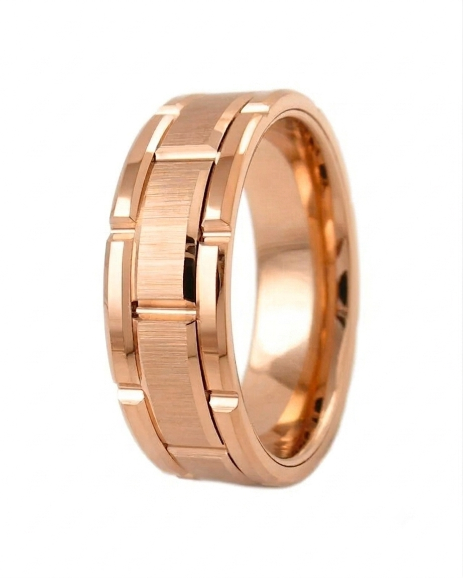 Angled studio view showing the high-polish interior and rose gold segmented exterior of a men's ring.