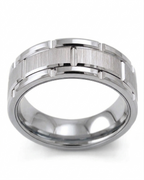 Front studio view of a men's white gold ring displaying a brushed center band with notched accents