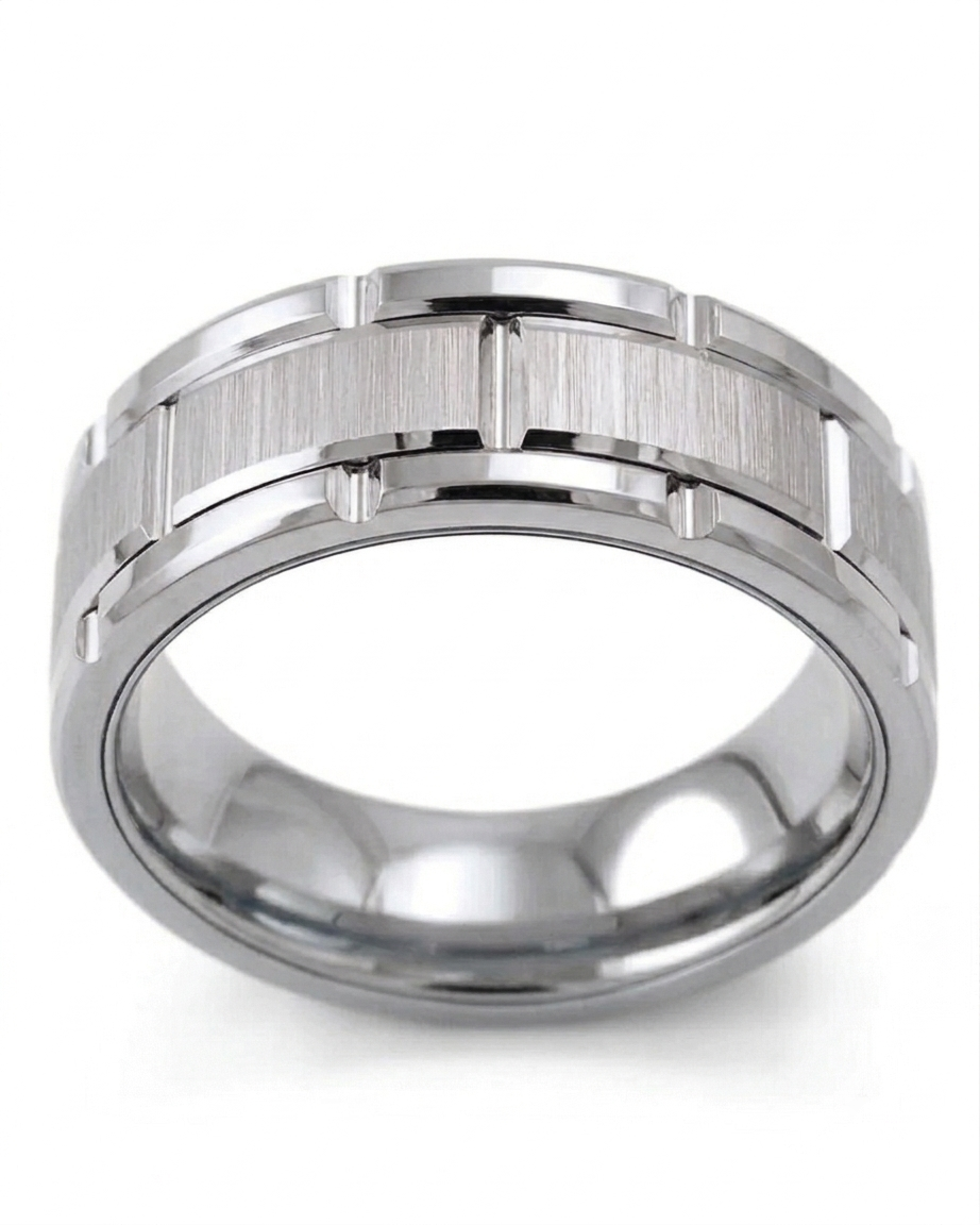Front studio view of a men's white gold ring displaying a brushed center band with notched accents