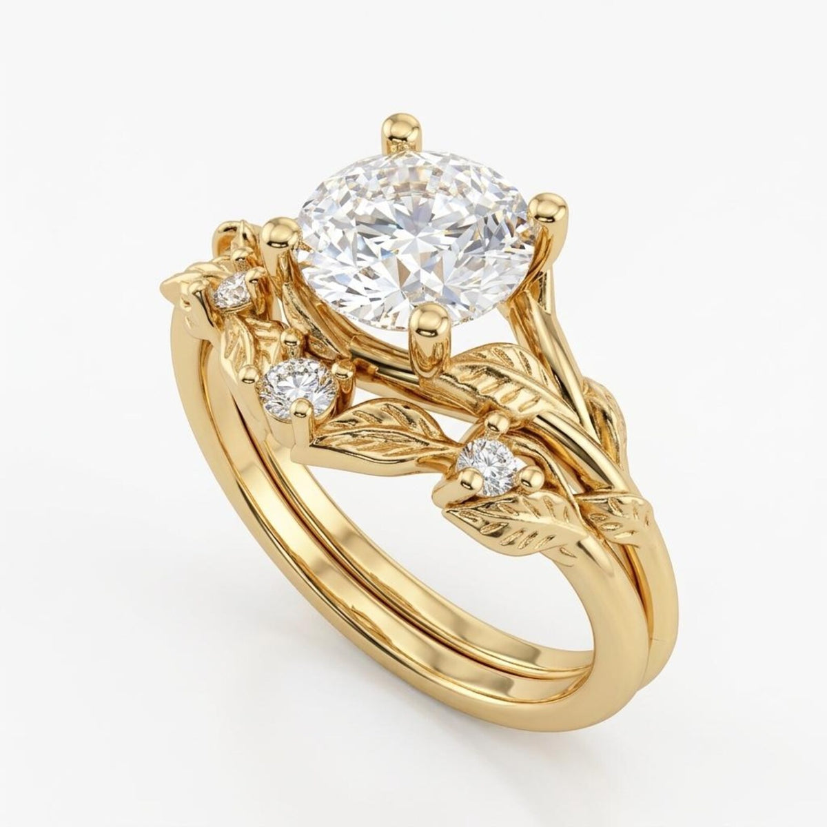 Perspective view of a 3 CT round lab grown diamond engagement ring paired with a sculpted yellow gold leaf accent wedding band.