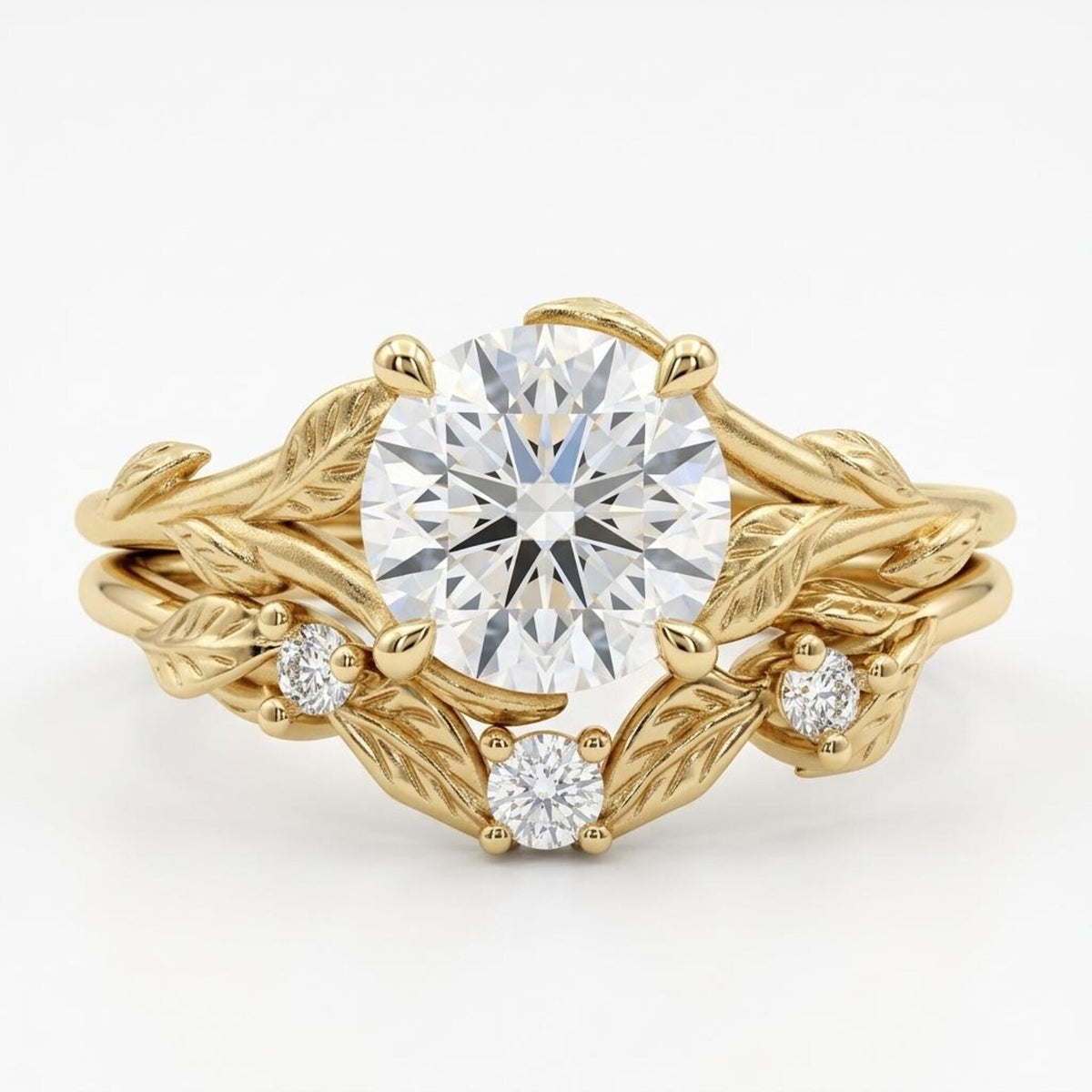 Overhead view showing a 3 ct round brilliant lab diamond in a yellow gold botanical leaf motif ring set with small accent diamonds.