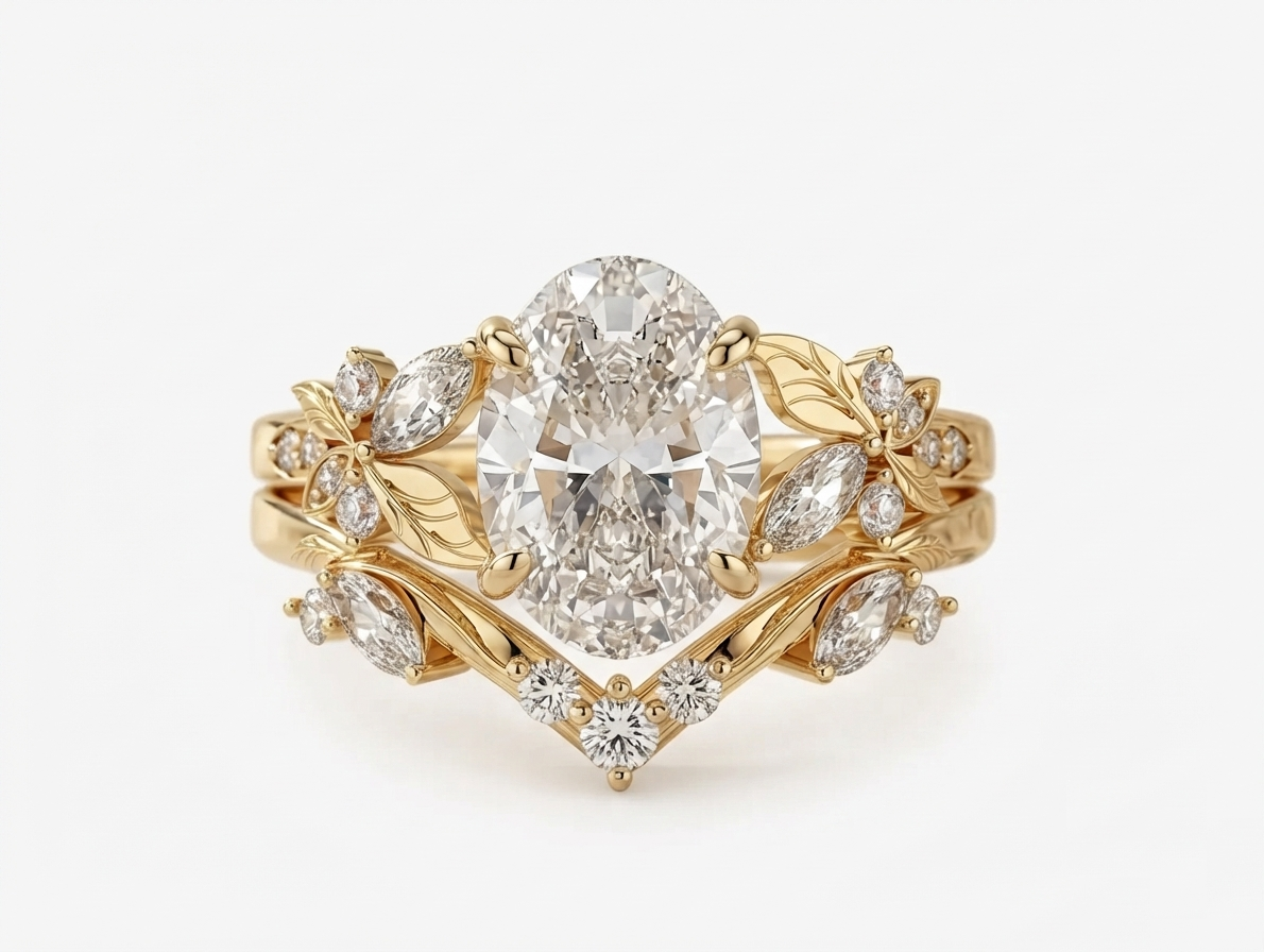 3 CT oval cut lab grown diamond engagement ring set in 14k yellow gold featuring a nature inspired floral leaf motif and matching chevron band.