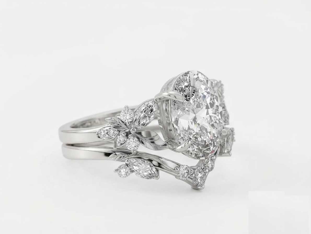 Side angle view of a 3 carat oval lab diamond bridal set in 14k white gold displaying the contoured chevron wedding band alignment.