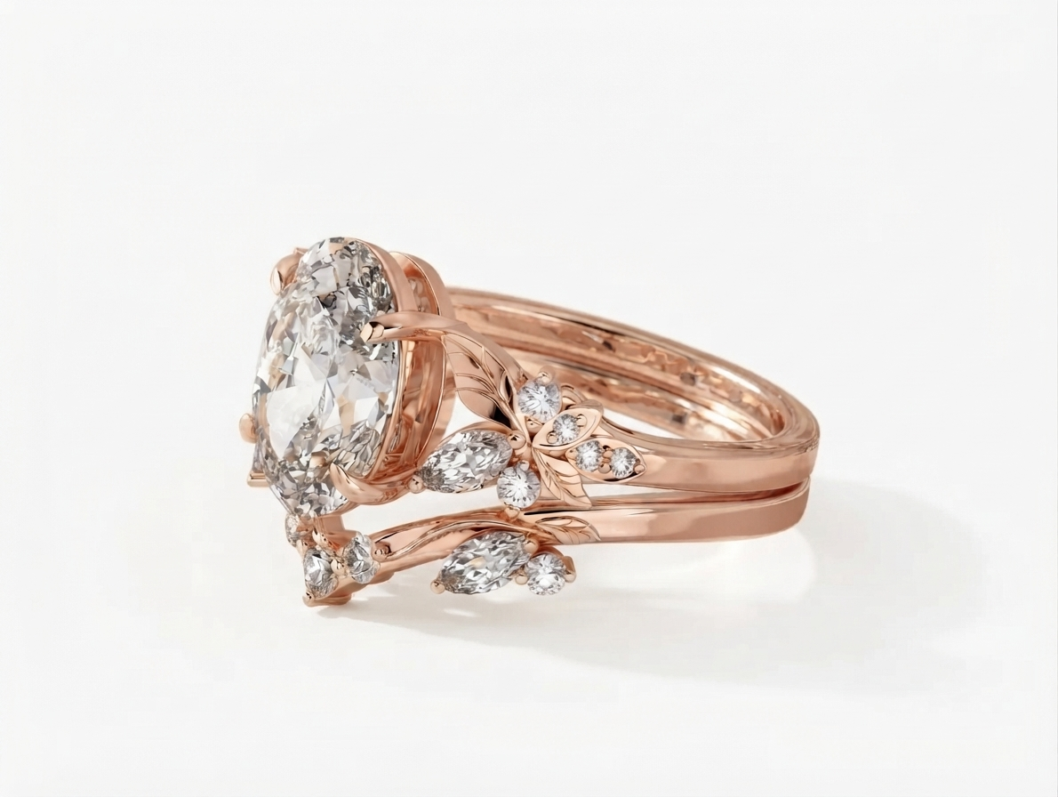 Perspective side angle of a rose gold 3 ct oval lab diamond ring stacked with a matching leaf-detailed curved wedding band.