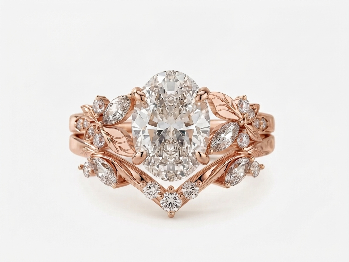 Top front view of a 3 carat oval lab diamond engagement ring set with floral leaf side clusters in 14k rose gold.