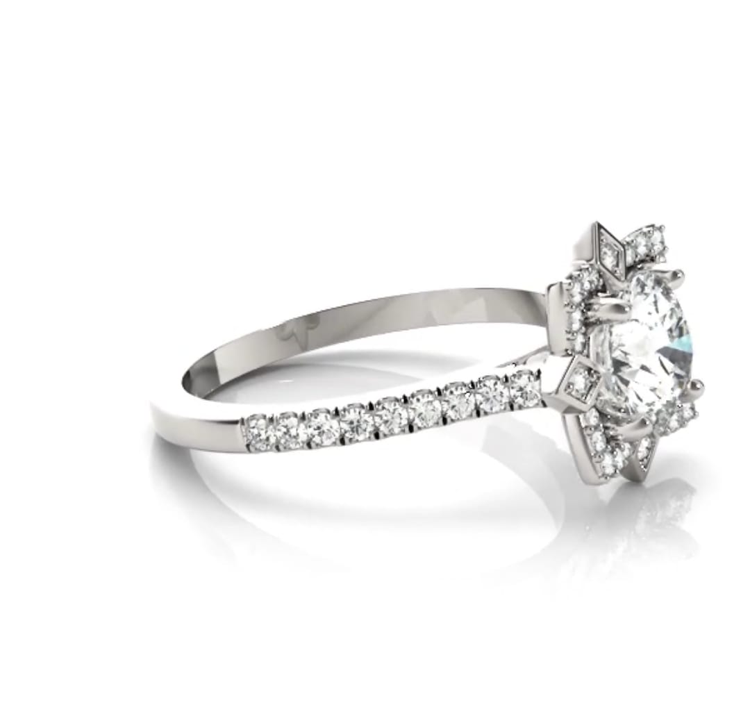 Side angle view of a 3 carat round lab diamond ring showing the pave band and star blossom halo setting.