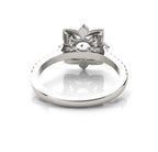 Bottom perspective view displaying the detailed floral petal undergallery and basket design of the engagement ring.