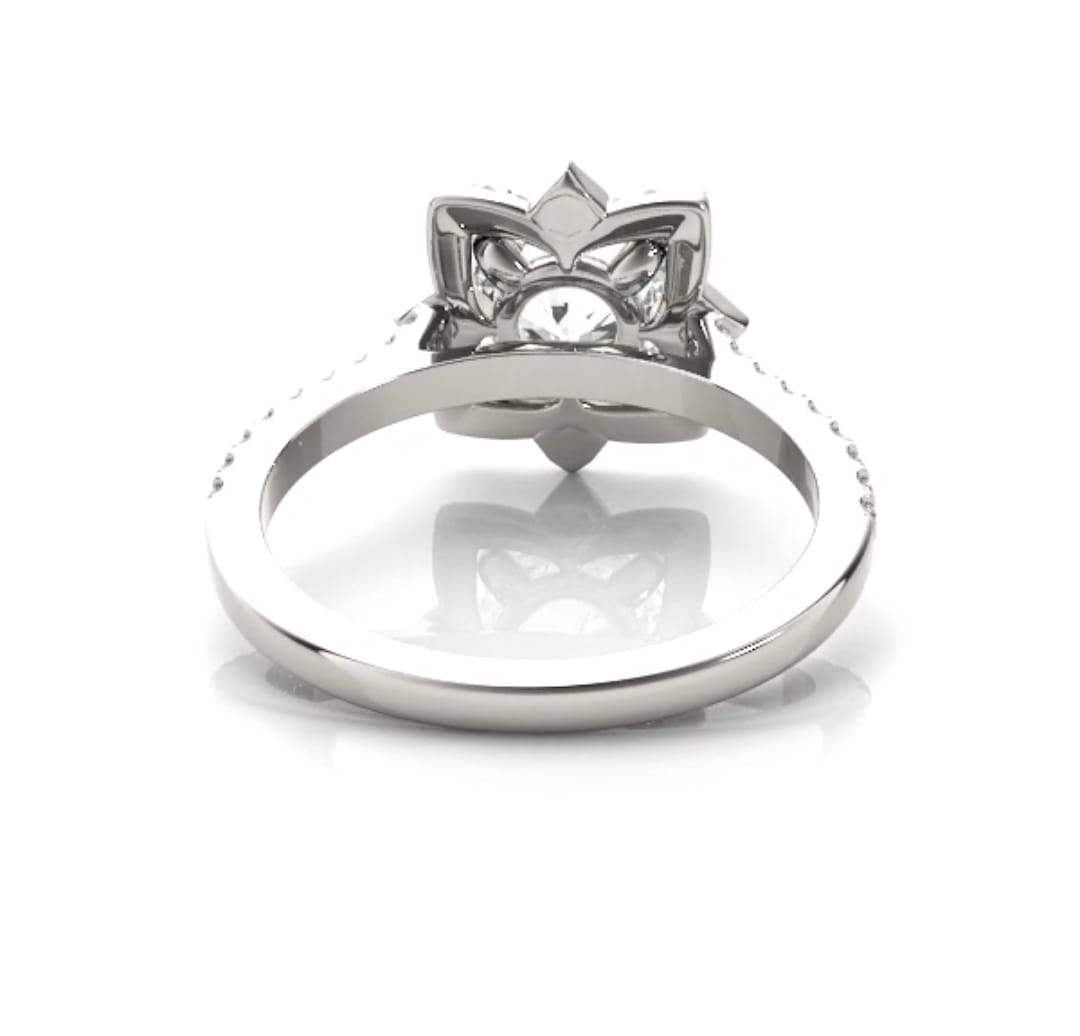 Bottom perspective view displaying the detailed floral petal undergallery and basket design of the engagement ring.