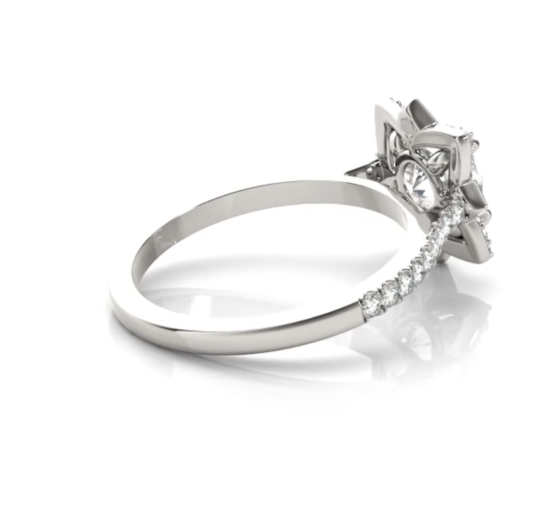 Rear side view of the pave diamond band highlighting the solid polished base and detailed halo architecture.