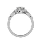 Side profile of a 3 CT round cut lab grown diamond vintage halo ring in white gold showing filigree scrollwork and milgrain halo.
