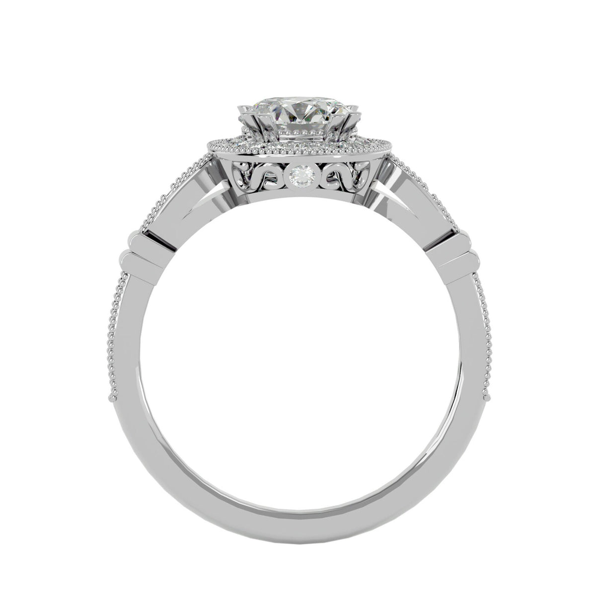 Side profile of a 3 CT round cut lab grown diamond vintage halo ring in white gold showing filigree scrollwork and milgrain halo.