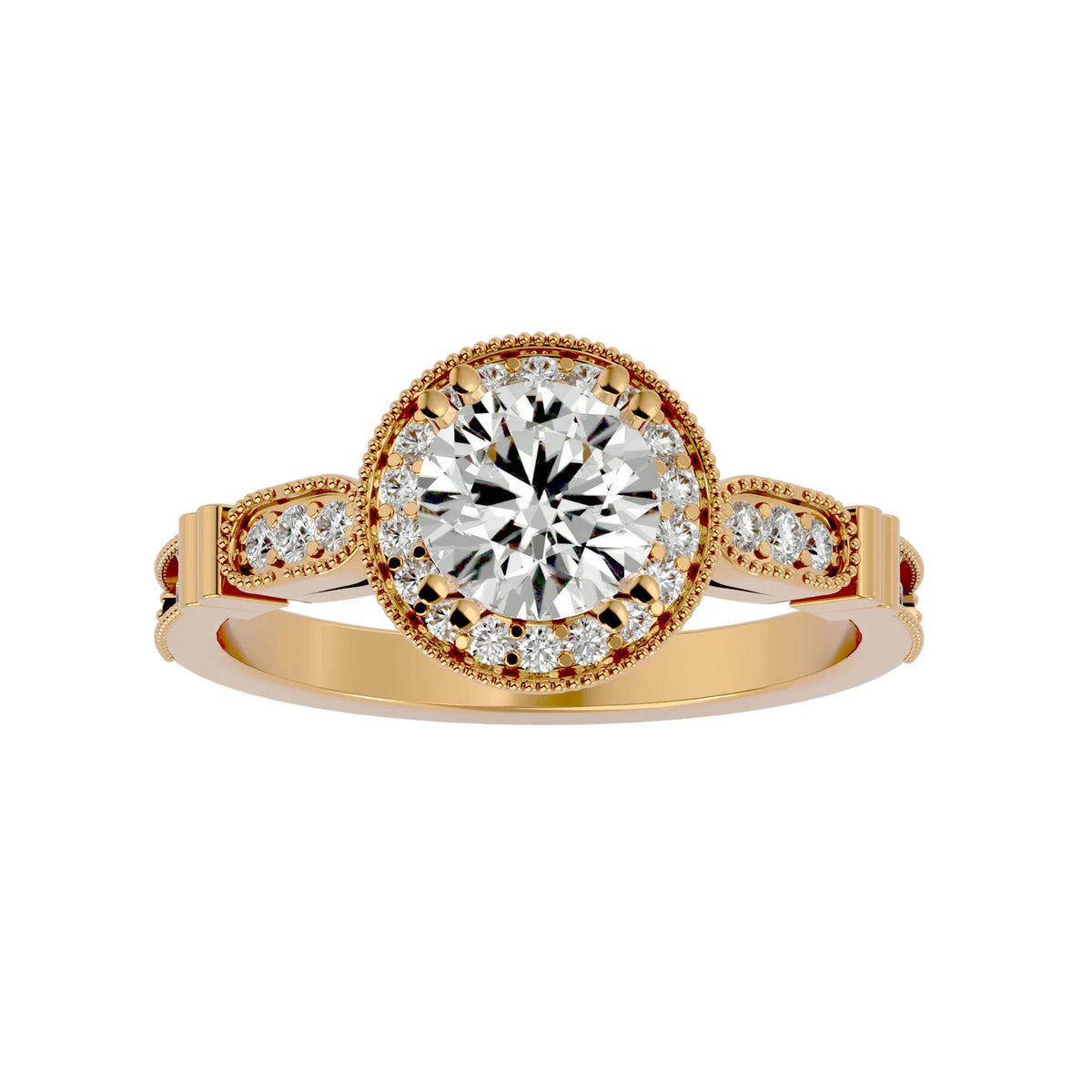 Top front view of a 3 carat round lab grown diamond engagement ring with a milgrain halo and pave band in 14k yellow gold.
