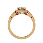 Side profile view of a yellow gold vintage round lab diamond halo ring displaying intricate filigree gallery scrollwork.