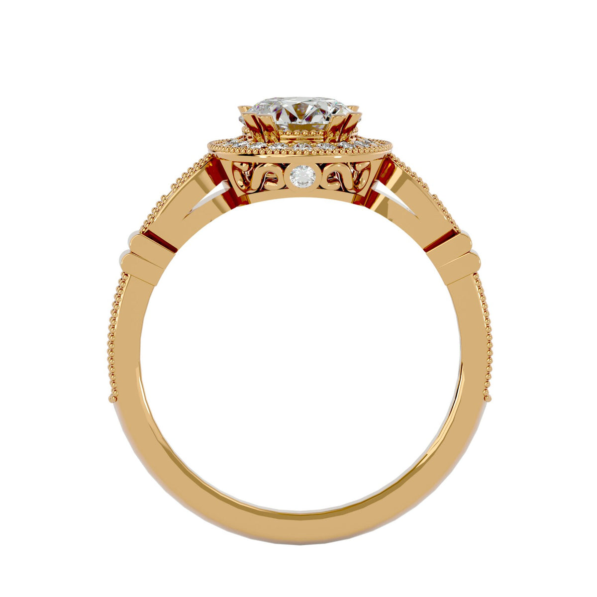Side profile view of a yellow gold vintage round lab diamond halo ring displaying intricate filigree gallery scrollwork.