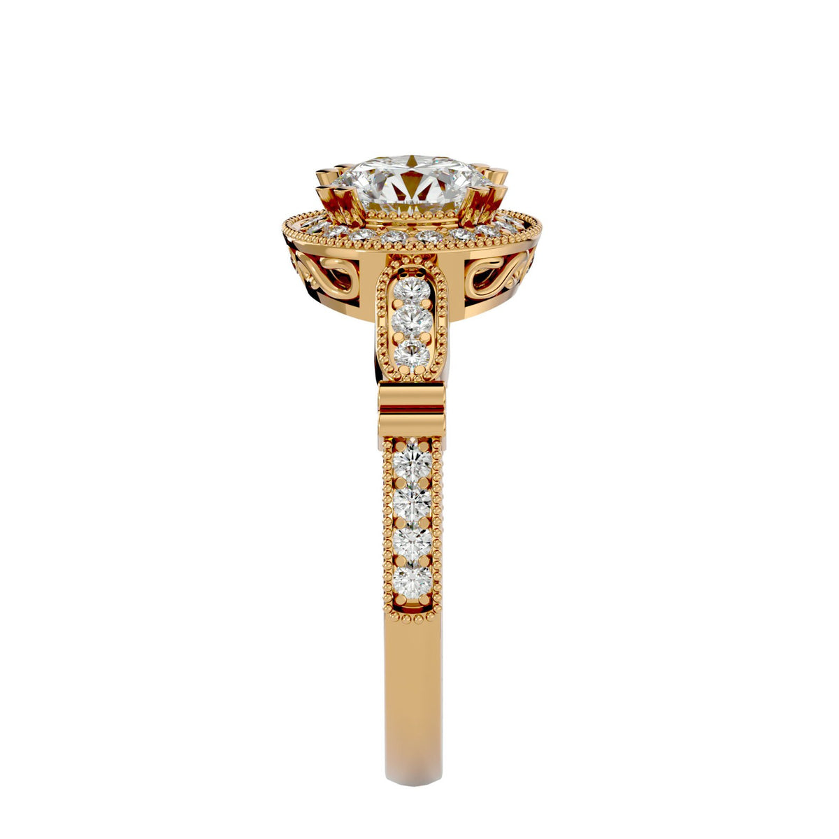 Top profile angle of a yellow gold vintage round lab diamond ring showing the pave shoulder band and halo elevation.