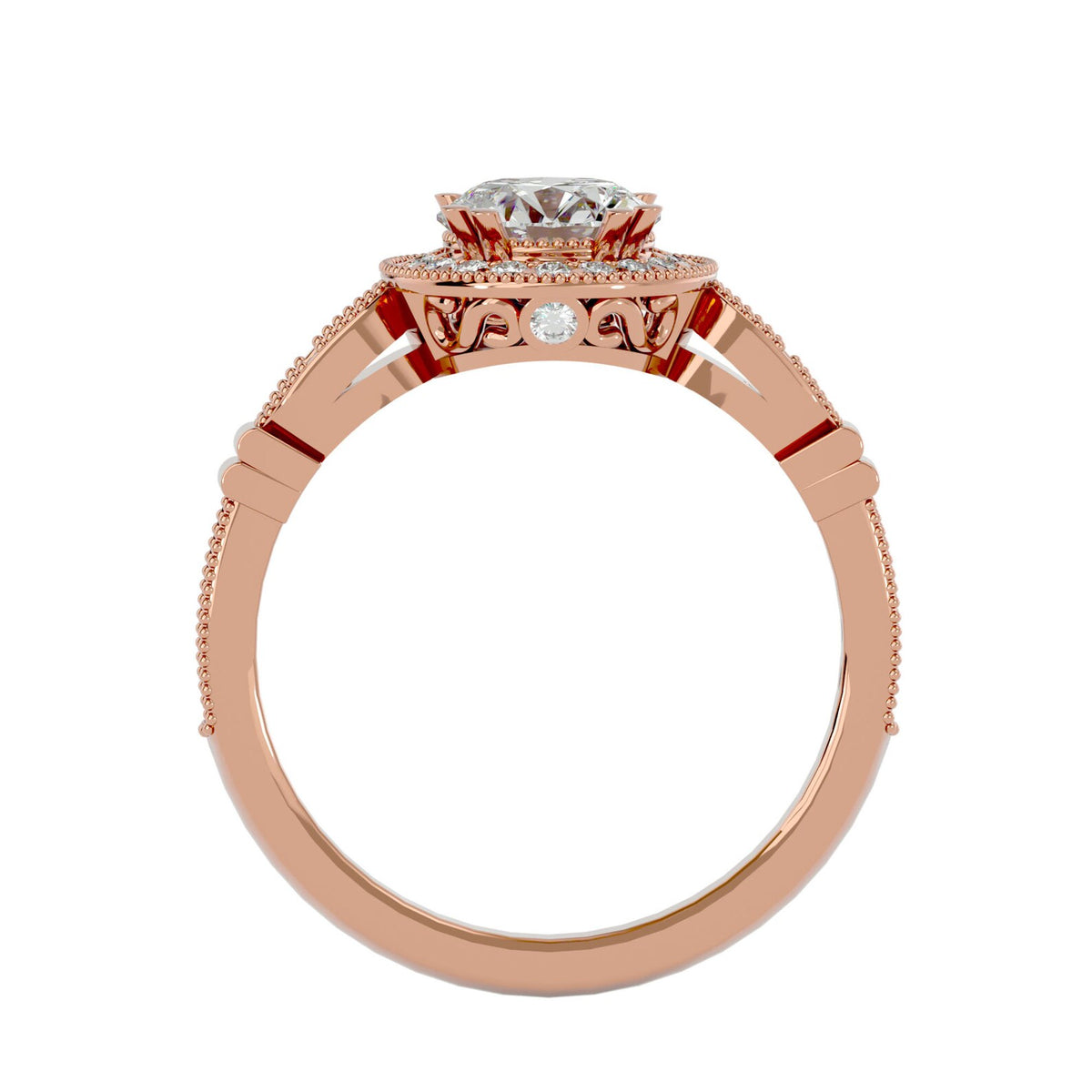 Full side view of a 3 carat round lab grown diamond halo ring in rose gold showing side filigree detail and accent stone.