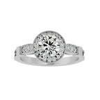 Top front view of a 3 CT round cut lab grown diamond engagement ring in 14k white gold with milgrain halo and pave shank.