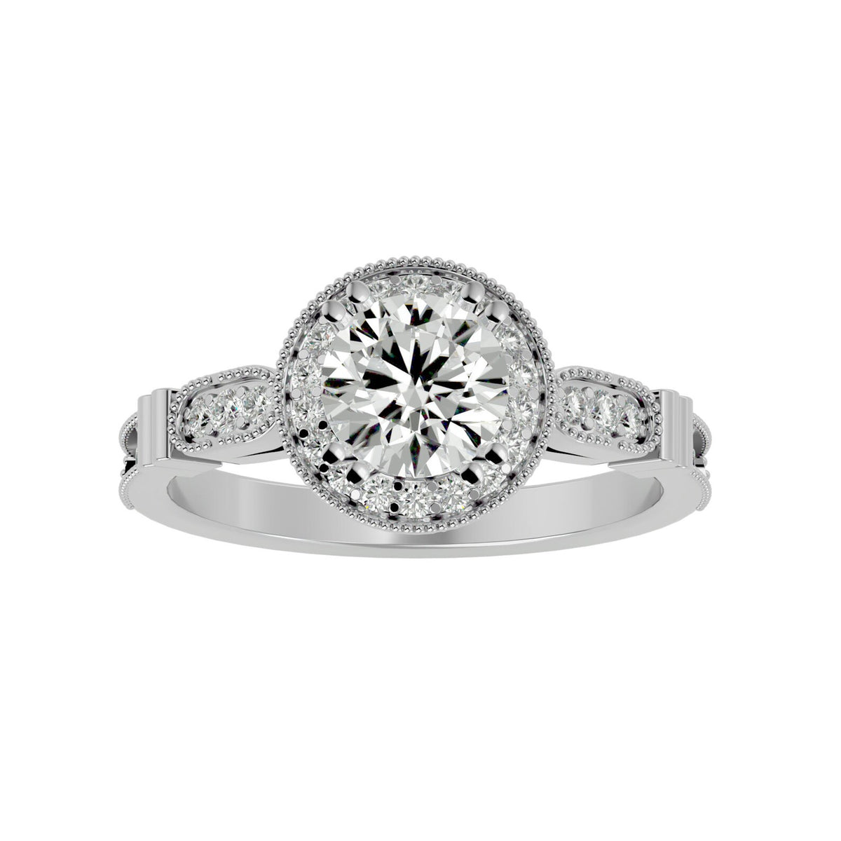 Top front view of a 3 CT round cut lab grown diamond engagement ring in 14k white gold with milgrain halo and pave shank.