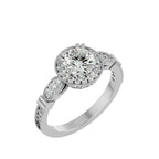 Three-quarter side angle view of a 3 carat round lab grown diamond halo ring in white gold showing full pave band details.