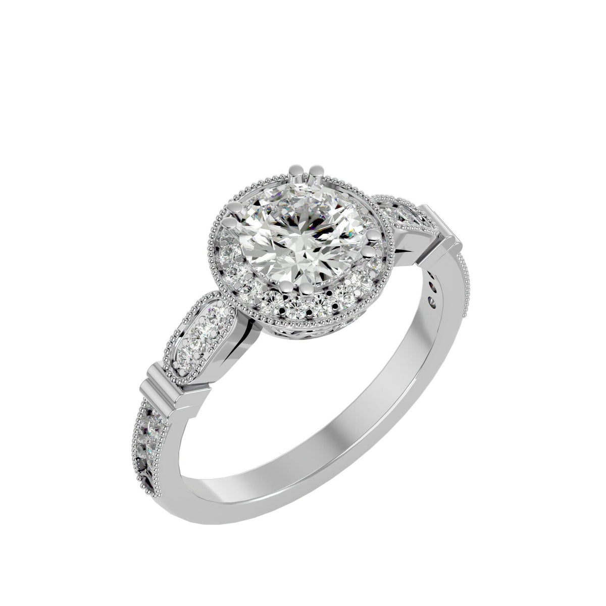 Three-quarter side angle view of a 3 carat round lab grown diamond halo ring in white gold showing full pave band details.
