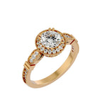 Three-quarter perspective view of a yellow gold 3 CT round lab grown diamond vintage engagement ring.