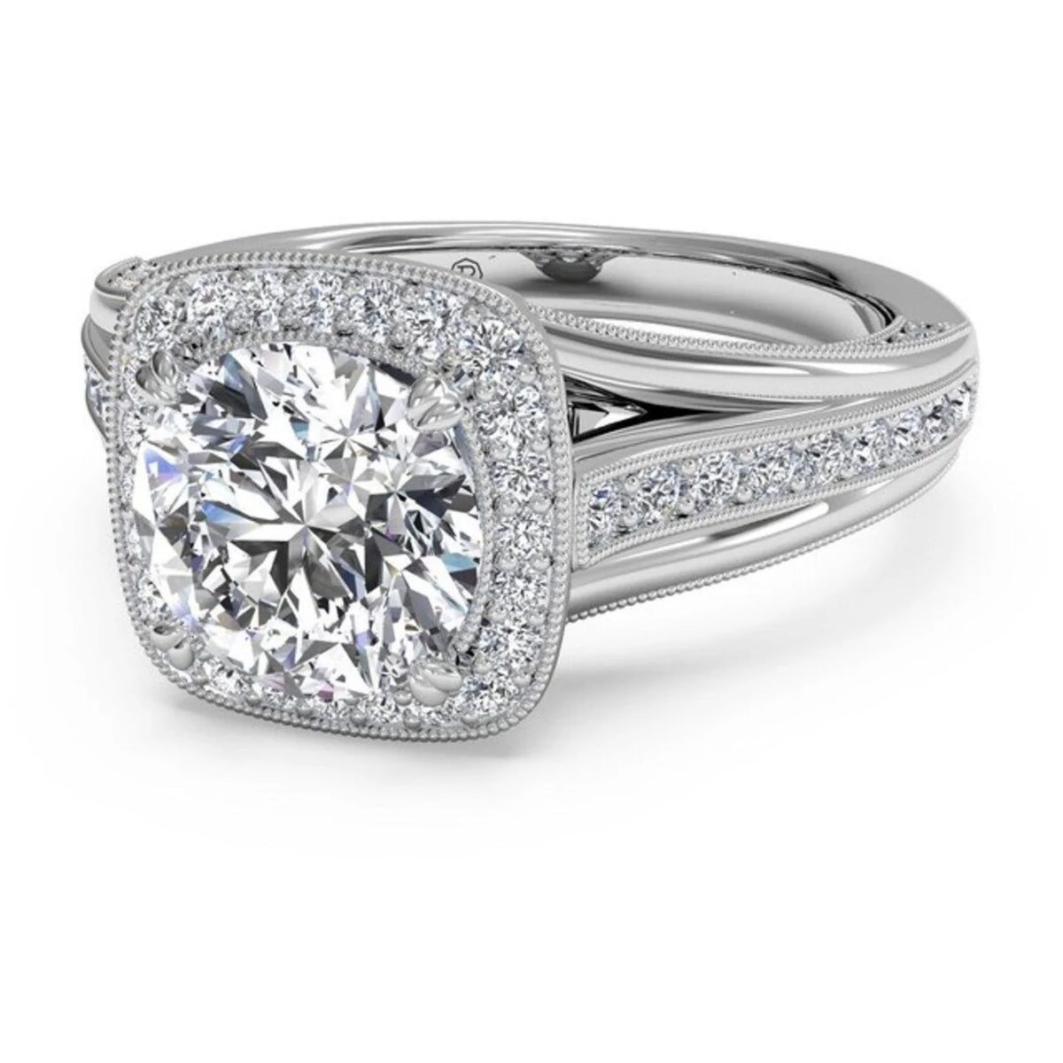 Three-quarter angle view of a 4 CT round cut lab grown diamond vintage engagement ring with cushion milgrain halo and split shank pavé band in white gold.
