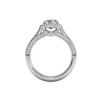 Side profile of a 4 carat round lab grown diamond engagement ring displaying cathedral setting, hidden accent diamond, and milgrain pavé shank.