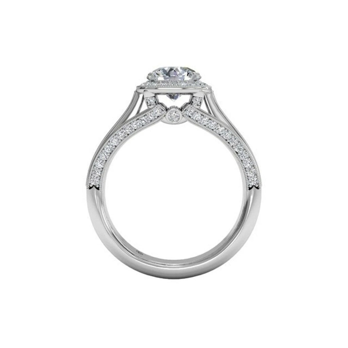 Side profile of a 4 carat round lab grown diamond engagement ring displaying cathedral setting, hidden accent diamond, and milgrain pavé shank.