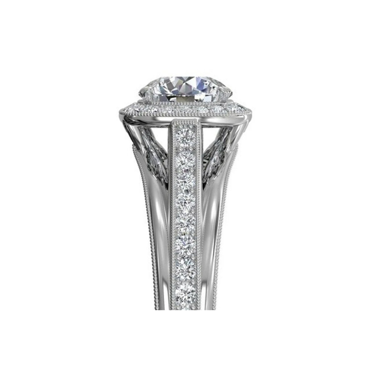 Top profile view along the band of a white gold vintage lab diamond ring showing split cathedral gallery and milgrain pavé setting.